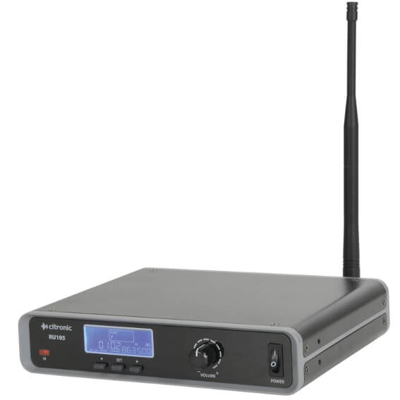 Citronic RU105-N UHF Wireless Lavalier and Neckband Microphone System showcasing the microphone and receiver design.