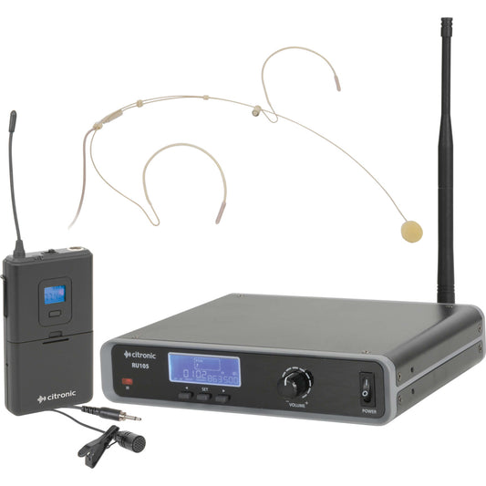 Citronic RU105-N UHF Wireless Lavalier and Neckband Microphone System featuring 81 channels, displayed in an informative image.