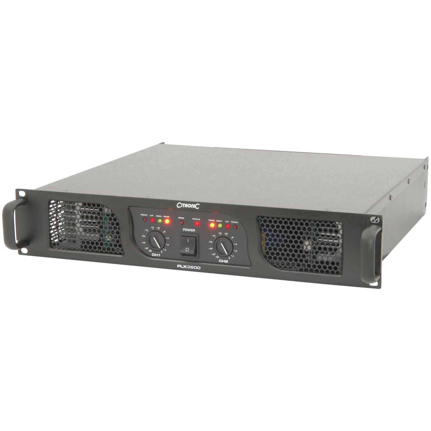 Citronic PLX3600 Power Amplifier with dual fan cooling, showcasing its high performance and robust design.