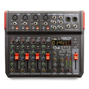VONYX VM-KG08 8-Channel Music Mixer featuring Bluetooth, USB connectivity, and DSP recording capabilities.