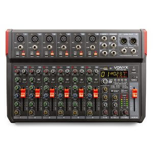 VONYX VM-KG10 10-Channel Music Mixer featuring Bluetooth, USB connectivity, and DSP recording capabilities.