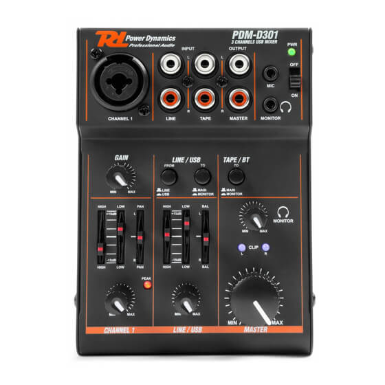 Power Dynamics PDM-D301 3 Channel USB Mixer with Phantom Power, showcasing its sleek design and multiple input channels.
