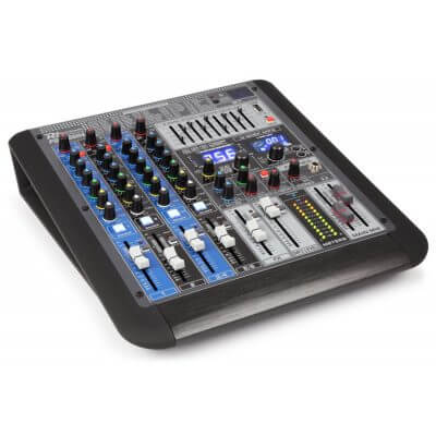 Power Dynamics PDM-S604 stage mixer featuring DSP, Bluetooth, USB, and MP3 playback capabilities.