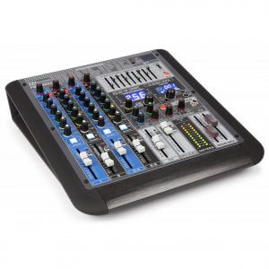 Power Dynamics PDM-S604 professional 6 channel stage mixer featuring DSP, Bluetooth, USB, and MP3 playback capabilities.