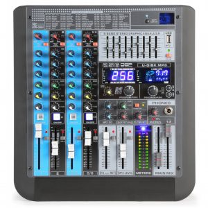 Power Dynamics PDM-S604 Stage Mixer featuring DSP, Bluetooth, USB, and MP3 playback capabilities, designed for professional use with 6 channels.