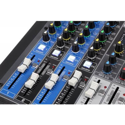 Power Dynamics PDM-S1604 16-Channel Stage Mixer featuring DSP, Bluetooth, USB, and MP3 Playback capabilities.