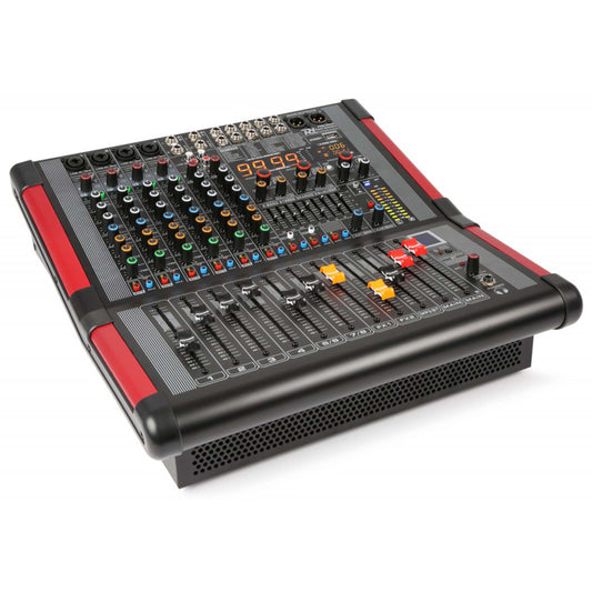 Power Dynamics PDM-S804A 8-Channel Powered Stage Mixer featuring DSP, Bluetooth, USB, MP3 playback, and recording capabilities.