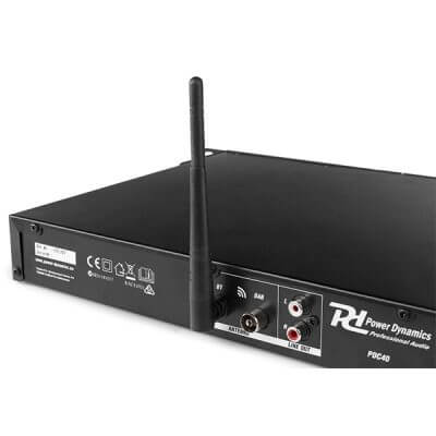 Power Dynamics PDC-40 USB/AM-FM Tuner/DAB+/BT Multimedia Audio Player 1U displayed in a professional setting.