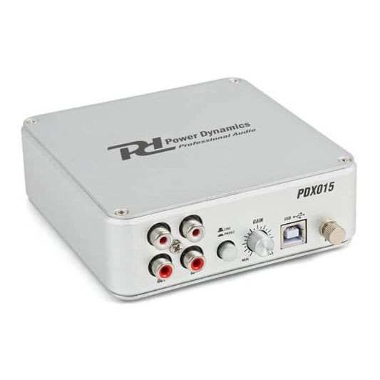 Power Dynamics PDX015 USB Phono Pre-Amplifier for turntables, featuring a sleek design and connectivity options.