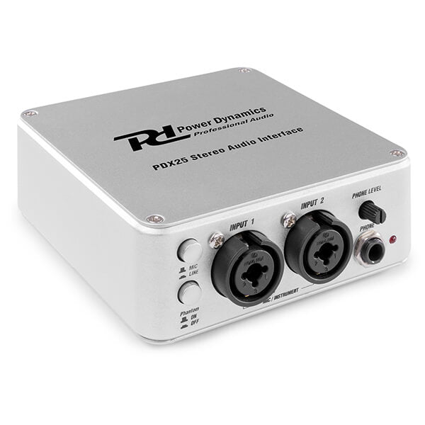 Power Dynamics PDX25 USB Audio Interface, a professional 2-in/2-out audio interface suitable for home and studio recording.