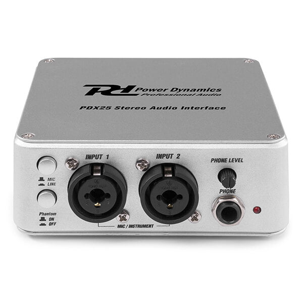 Power Dynamics PDX25 USB Audio Interface, a professional 2-in/2-out interface designed for home and studio recording.