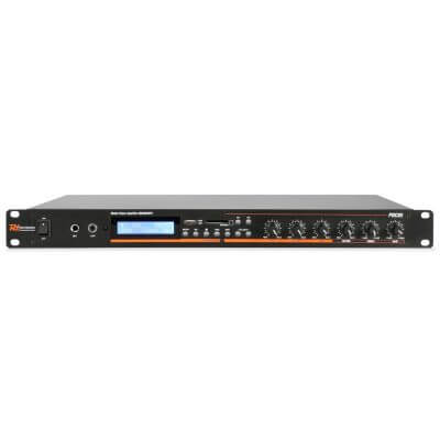 Power Dynamics PDC-85 1U Amplifier with 2x100W output and built-in MP3, USB, SD, and Bluetooth media player.
