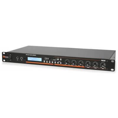 Power Dynamics PDC-85 1U Amplifier featuring 2x100W output with MP3, USB, SD, and Bluetooth media player capabilities.