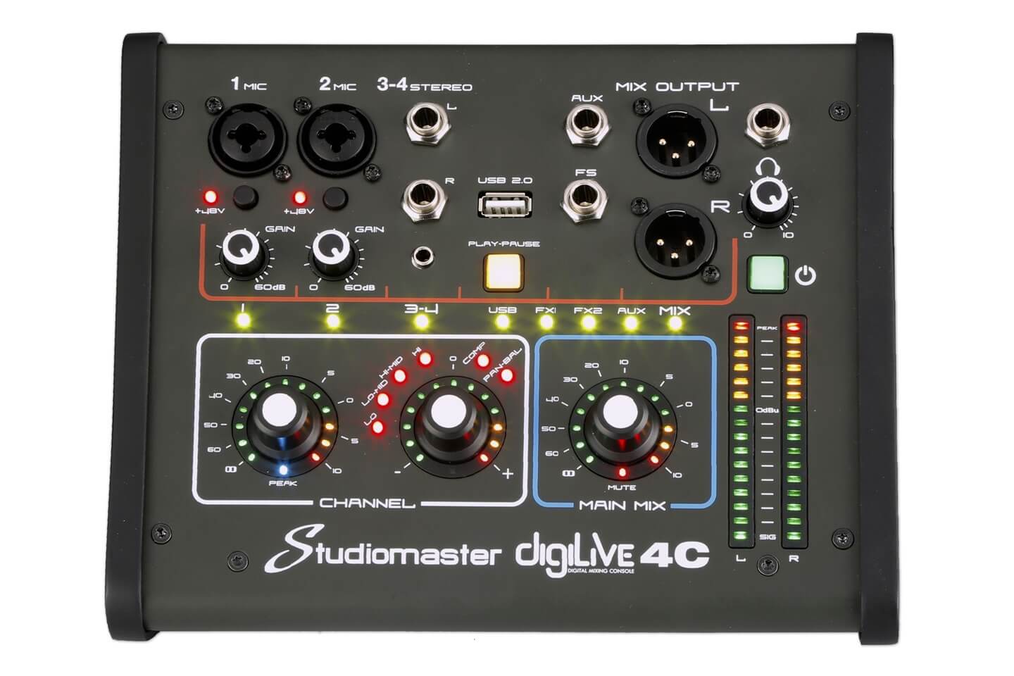 Studiomaster Digilive4C 4-Channel Digital Mixing Console with Wi-Fi Control, showing the front view of the device.