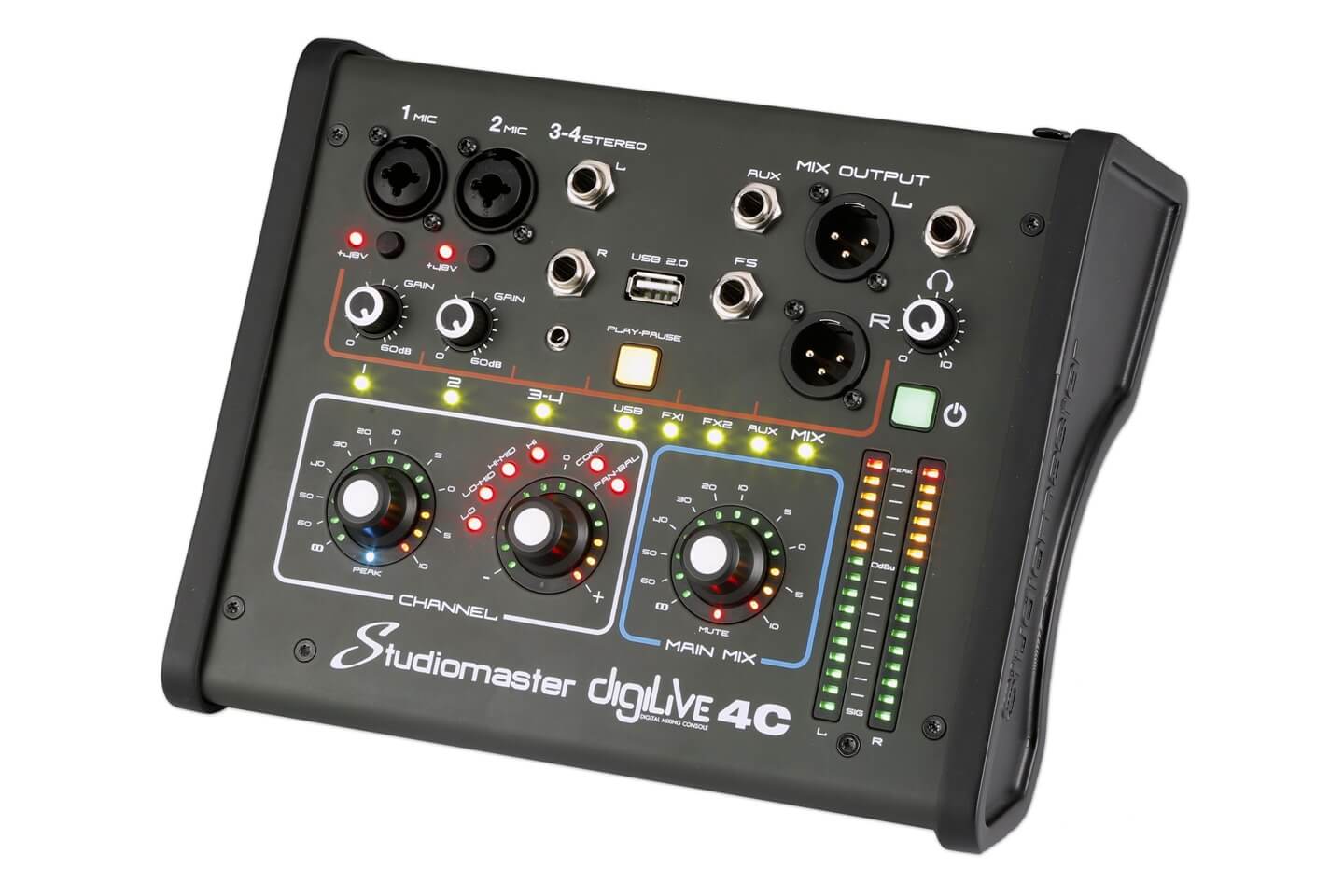STUDIOMASTER DIGILIVE4C 4-Channel Digital Mixing Console with Wi-Fi Control displayed from the right side.