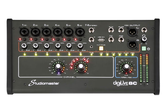 Studiomaster Digilive 8C front panel of an 8 channel digital console, showcasing its compact design and versatile mixing capabilities.