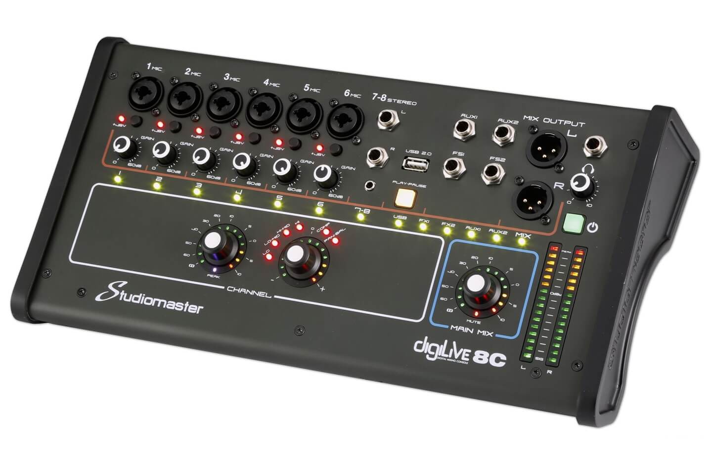 STUDIOMASTER DIGILIVE8C 8 Channel Digital Console showcasing a compact and versatile mixing solution.