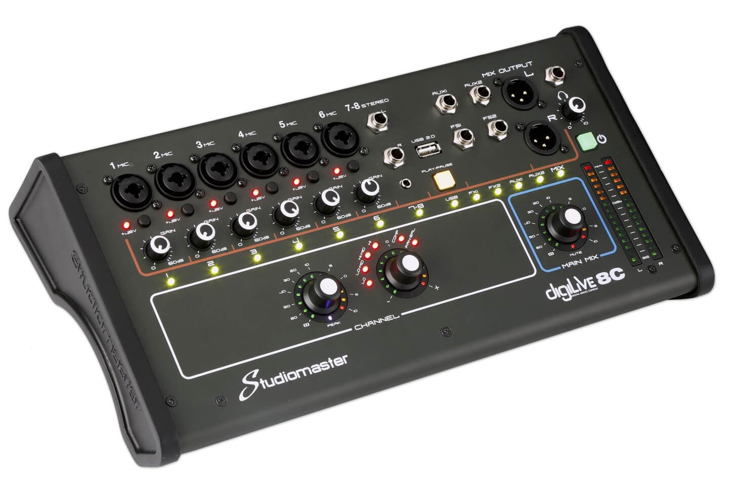 STUDIOMASTER DIGILIVE8C 8 Channel Digital Console, a compact and versatile mixing solution, shown from the left side.