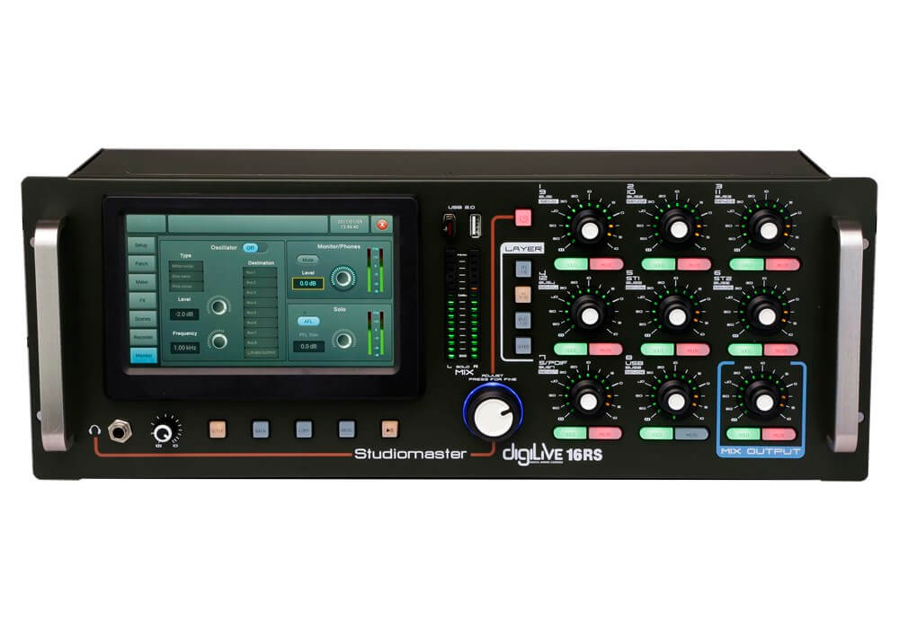 Studiomaster DigiLive 16RS 16-Channel Digital Mixing Console front panel with touchscreen control