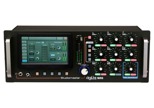 Studiomaster DigiLive 16RS 16-Channel Digital Mixing Console front panel with touchscreen control