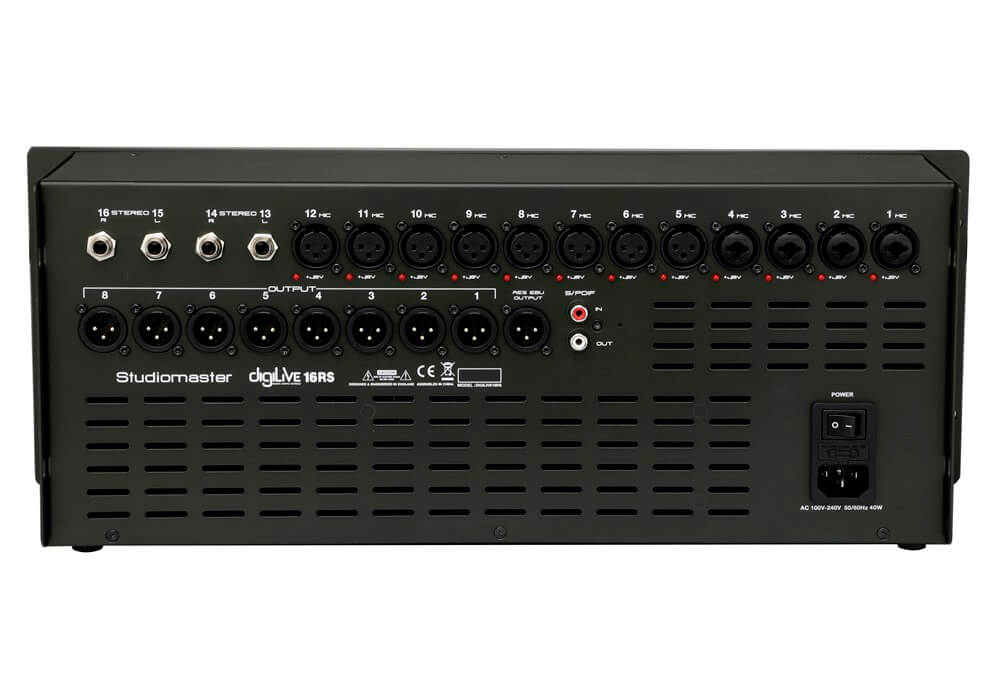 Rear view of the Studiomaster DigiLive 16RS 16-channel digital mixing console, showcasing its rack mountable design and touchscreen control features.