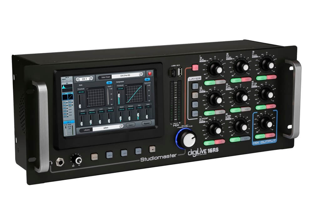 Studiomaster DigiLive 16RS 16-Channel Digital Mixing Console viewed from the left angle, showcasing its touchscreen control and rack mountable design.