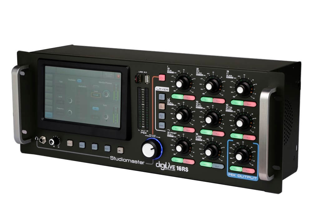 Studiomaster DigiLive 16RS 16-Channel Digital Mixing Console with touchscreen control, viewed from the right angle.
