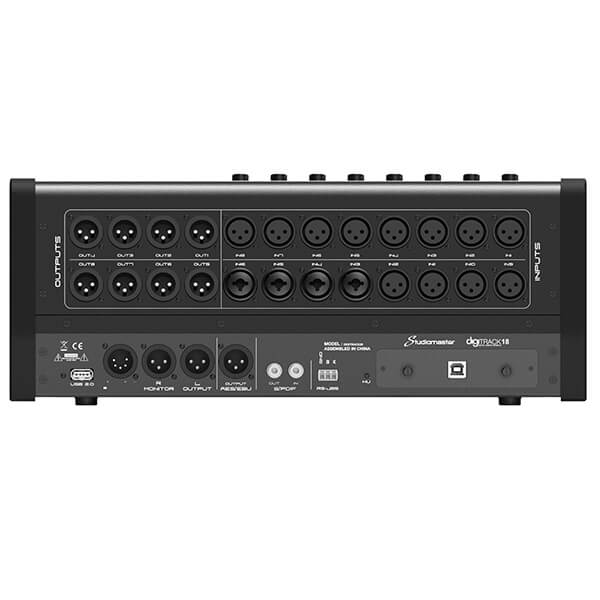 STUDIOMASTER DIGITRACK18 digital console featuring 18 channels and a touchscreen control interface.