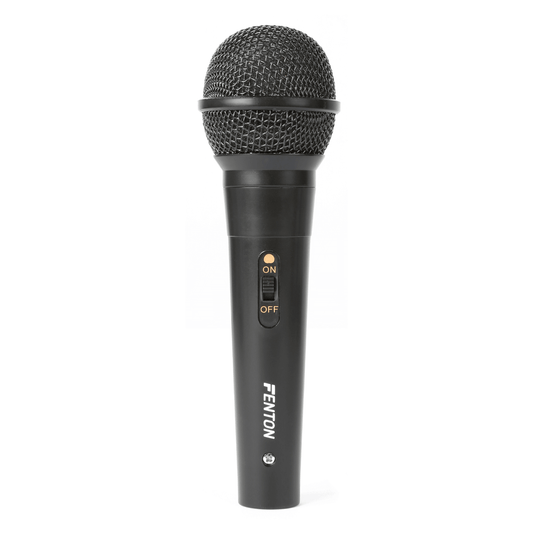 Fenton DM100 Dynamic Microphone in black color with a 6.3mm jack, designed for high-quality audio capture.