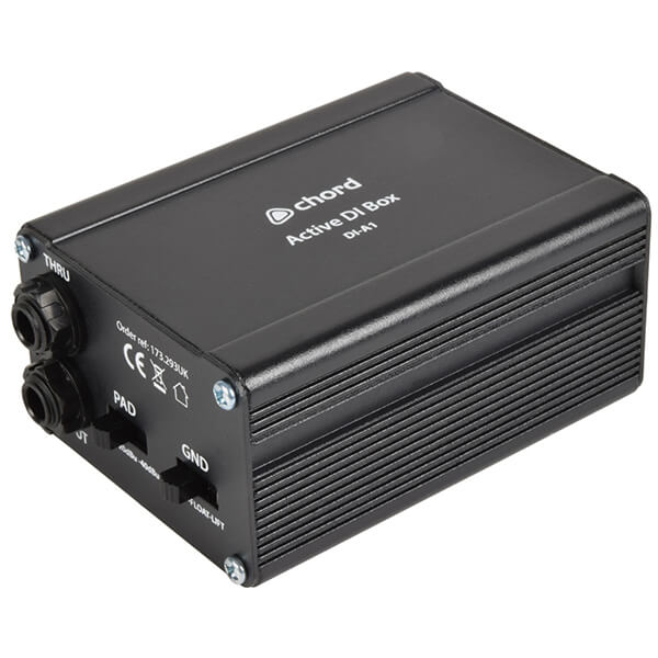 Image of the CHORD DI-A1 Active DI Box with Noise Filter, designed for high impedance to low impedance conversion.