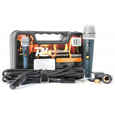 Power Dynamics PDM663 dynamic microphone with case, designed for professional vocal performance.