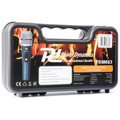 Power Dynamics PDM663 dynamic microphone with case, designed for professional vocal performance.