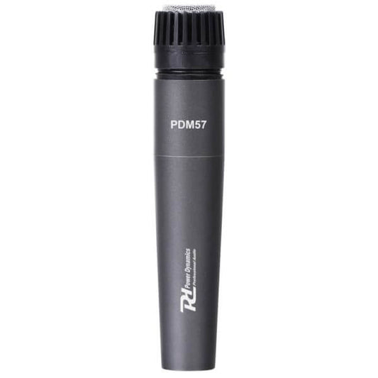 Power Dynamics PDM57 dynamic microphone with case, designed for professional live and studio use, featuring a cardioid pickup pattern.