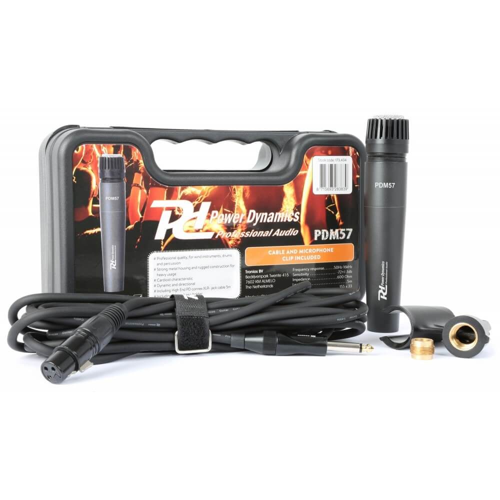 Power Dynamics PDM57 dynamic instrument microphone with case, designed for professional use in live and studio settings.