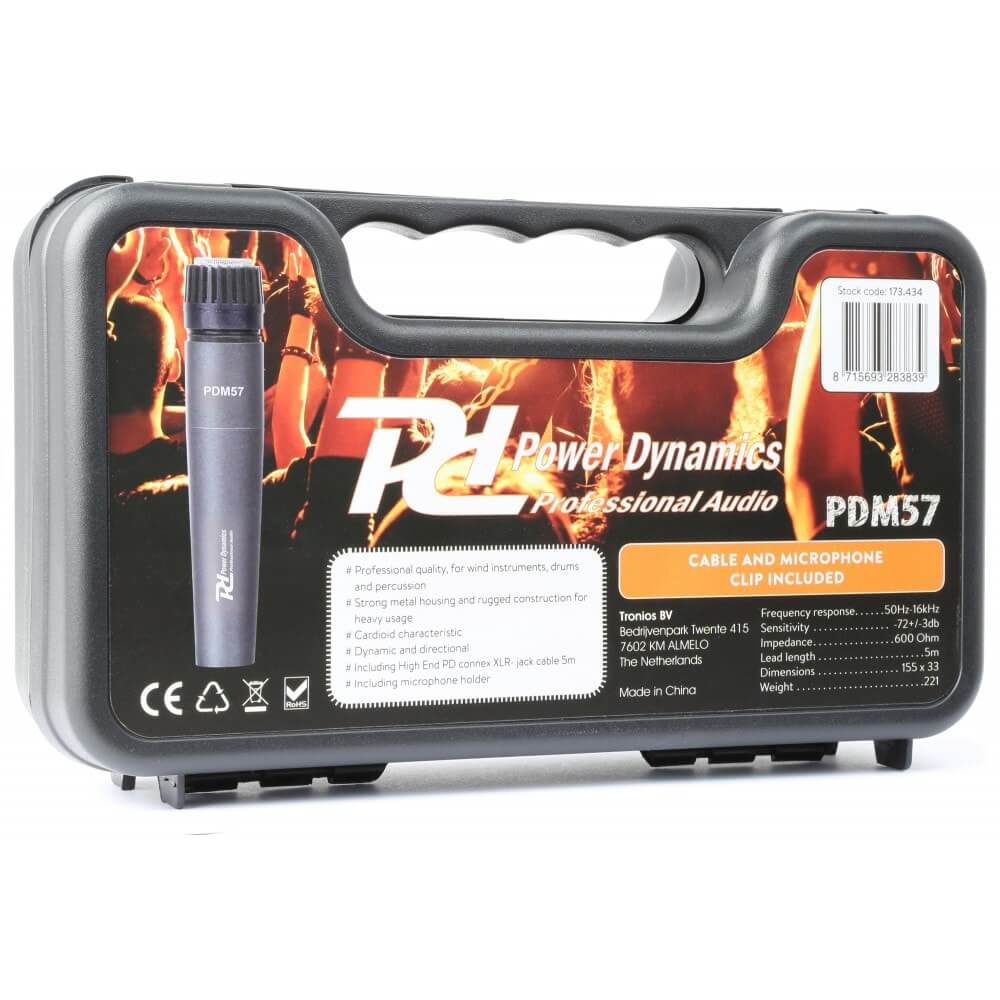 Power Dynamics PDM57 dynamic instrument microphone with case, designed for professional live and studio use.