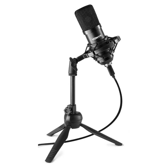 VONYX CM300B Studio USB Microphone Set - Professional black condenser microphone designed for gaming, streaming, and podcasting.