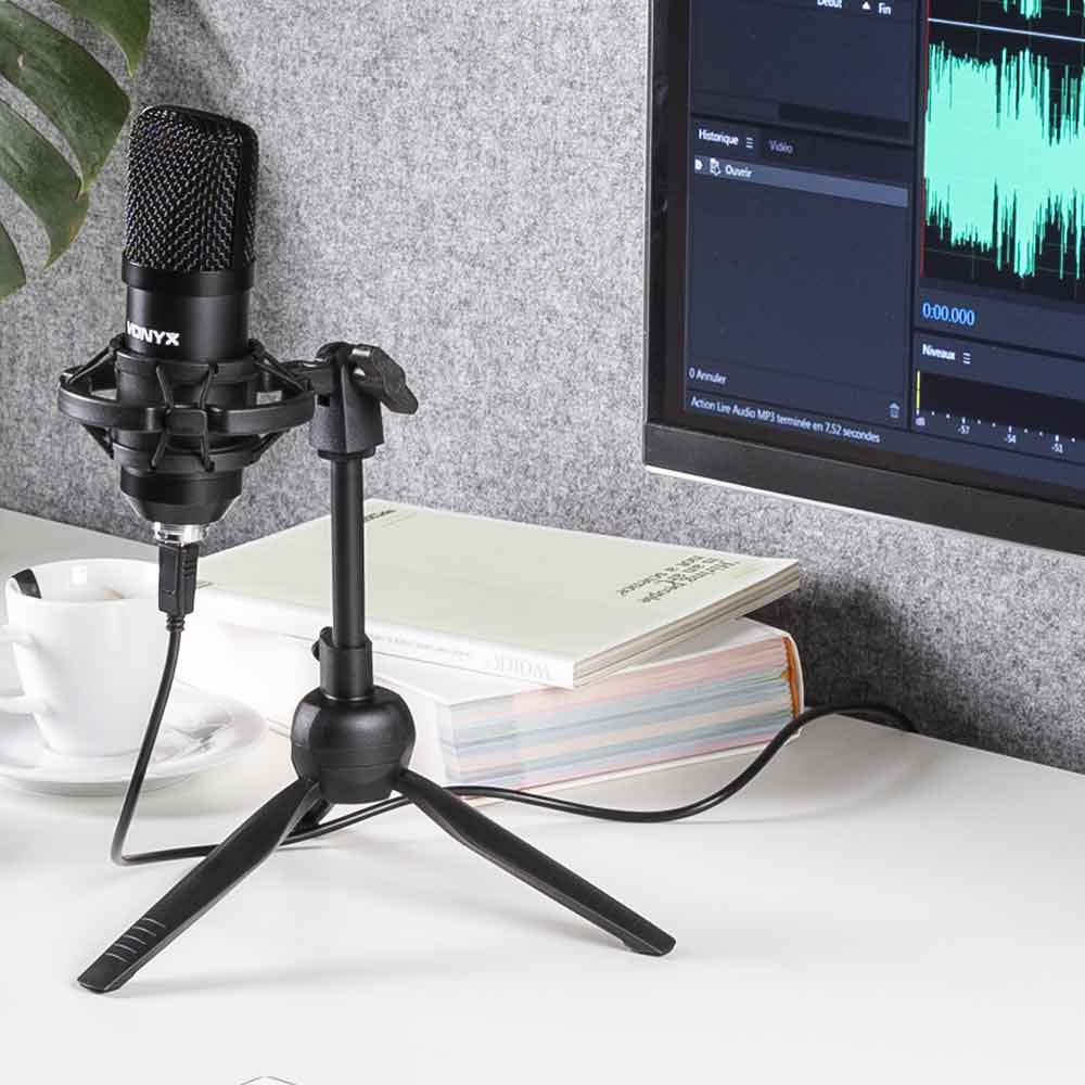 VONYX CM300B Studio USB Microphone Set, a professional black condenser microphone suitable for gaming, streaming, and podcasting.