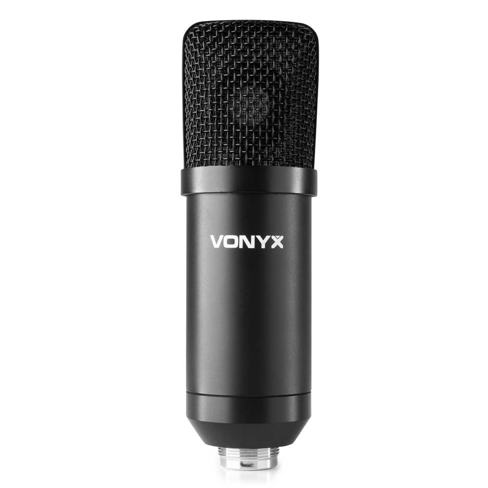 VONYX CM300B Studio USB Microphone Set, a professional black condenser microphone designed for gaming, streaming, and podcasting.