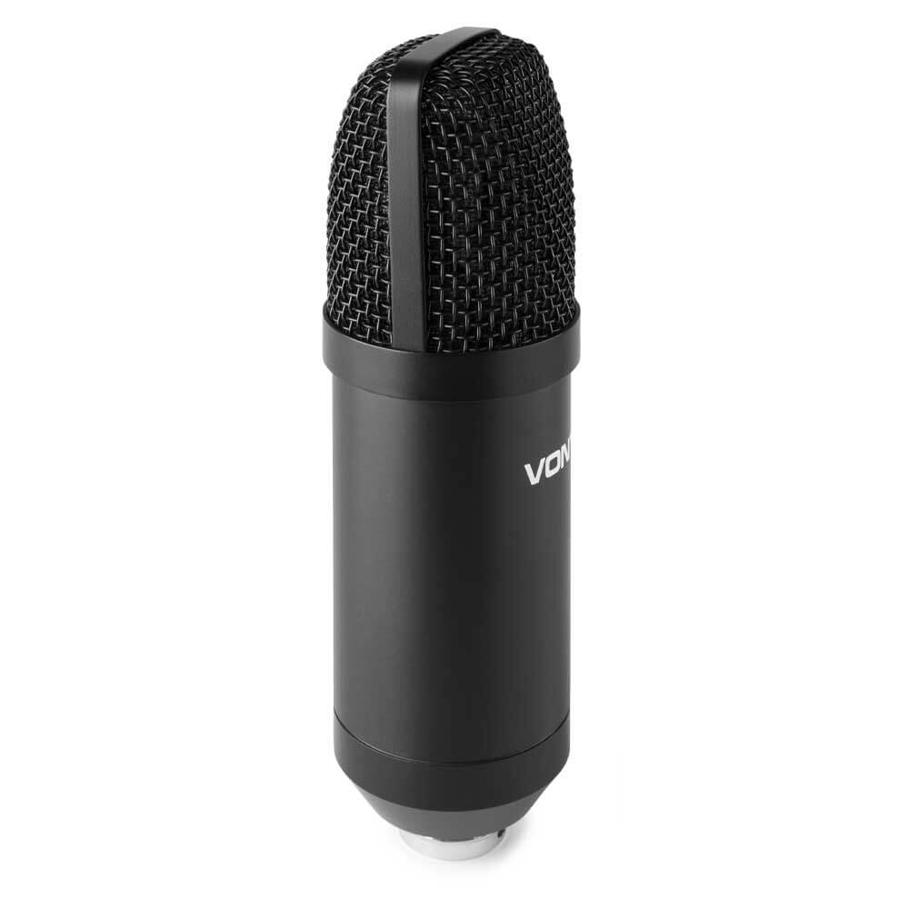 VONYX CM300B Studio USB Microphone Set, a professional black condenser microphone suitable for gaming, streaming, and podcasting.