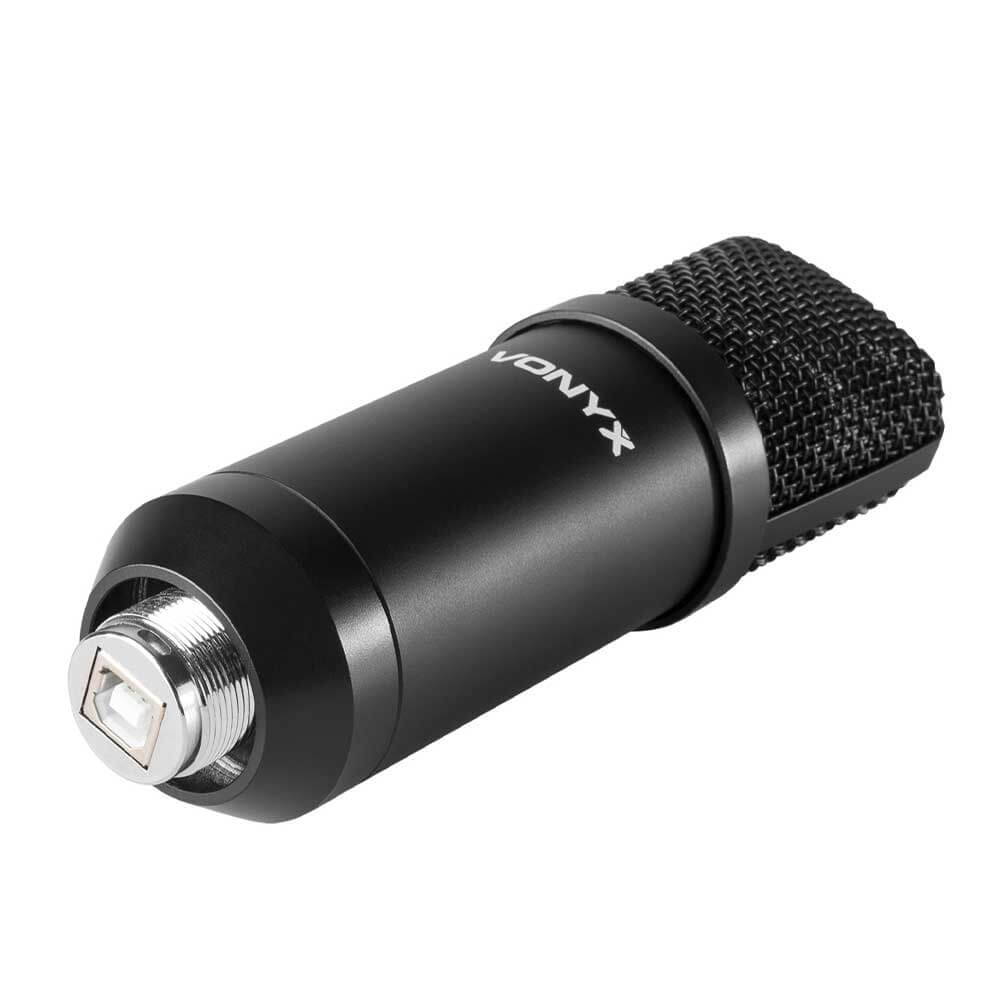 VONYX CM300B Studio USB Microphone Set, a professional black condenser microphone ideal for gaming, streaming, and podcasting.