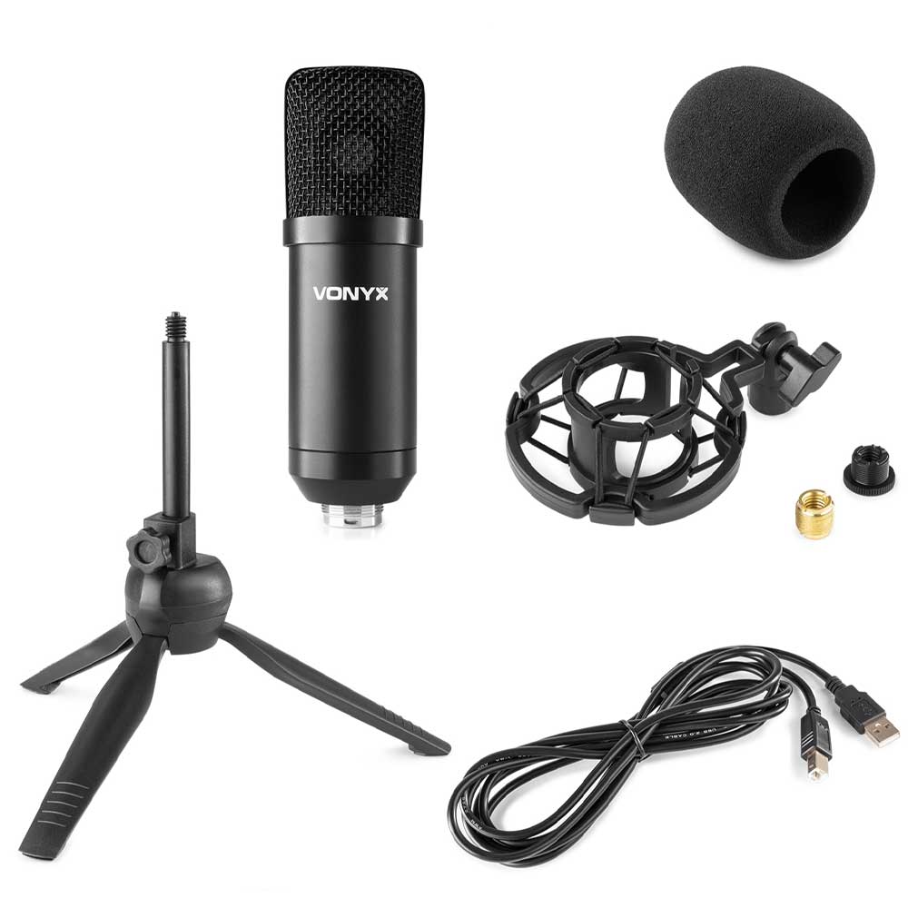 VONYX CM300B Studio USB Microphone Set, a professional black condenser microphone suitable for gaming, streaming, and podcasting.