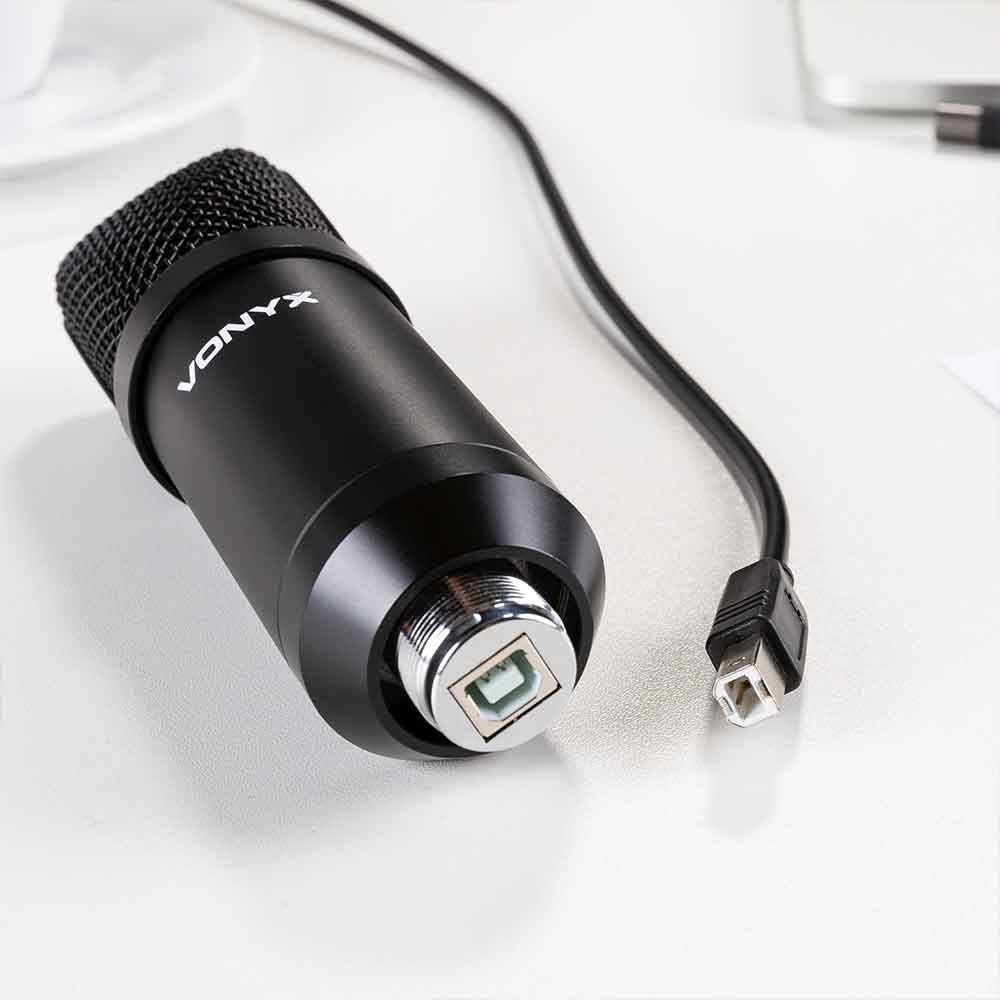 VONYX CM300B Studio USB Microphone Set - a professional black condenser microphone designed for gaming, streaming, and podcasting.