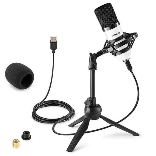 VONYX CM300W Studio Microphone Set USB, a high performance white condenser microphone designed for studio use.