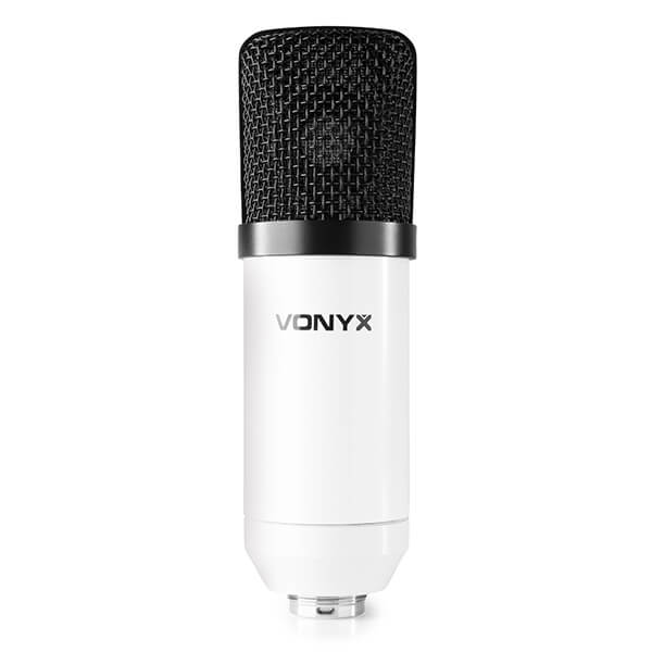 VONYX CM300W Studio Microphone Set USB in white, showcasing a high-performance condenser microphone designed for studio use.