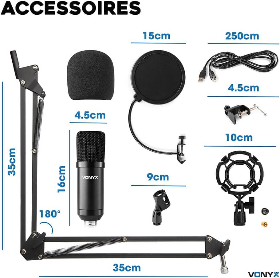 VONYX CMS300B Studio Set featuring a black USB condenser microphone with an adjustable stand and pop filter.