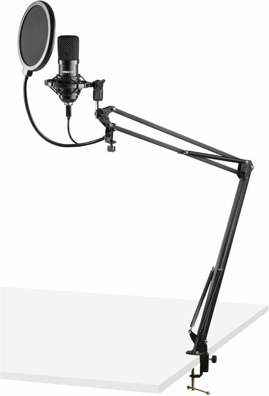 VONYX CMS300B Studio Set featuring a black USB condenser microphone with an adjustable stand and pop filter.