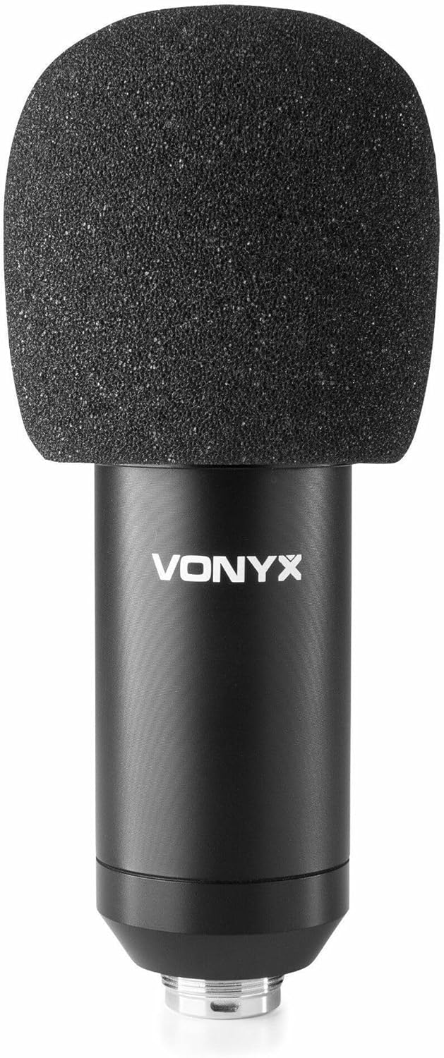 VONYX CMS300B Studio Set featuring a black USB condenser microphone with an adjustable stand and a pop filter.