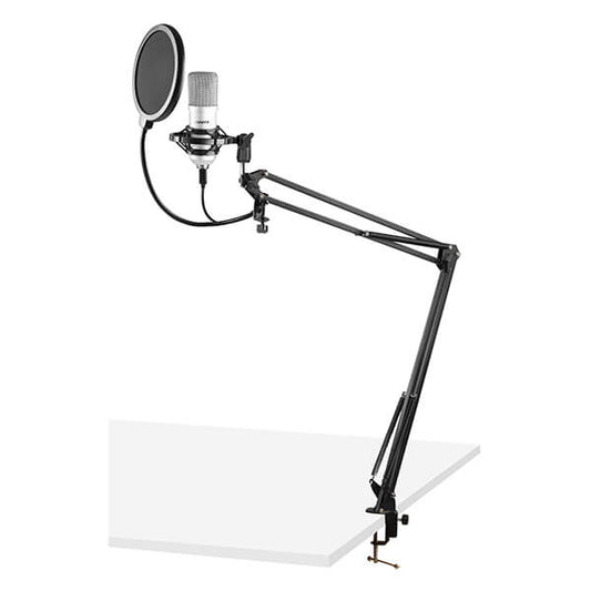VONYX CMS300S Studio Set featuring a titanium USB condenser microphone, stand, and pop filter.