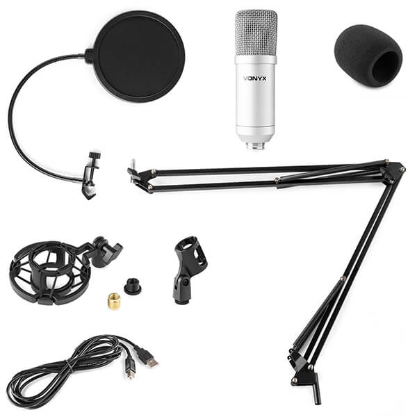 VONYX CMS300S Studio Set featuring a titanium USB condenser microphone with a stand and pop filter.