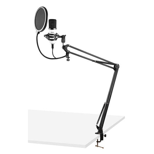 VONYX CMS300W Studio Set featuring a white USB condenser microphone with a stand and pop filter.